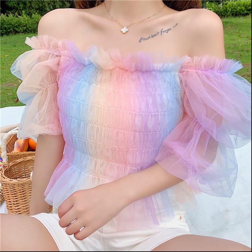 

womens blouses striped rainbow stretchy shirt summer sweet ruffles slash neck cropped women mesh crop for girls, White