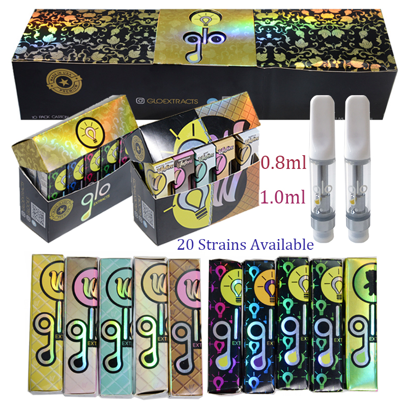 

Glo Extract Vape Cartridges Packaging 0.8ml 1ml Atomizers Empty Dab Pen Carts Glass Tank Thick Oil 510 Thread Ceramic Wax Vaporizer 20 Strai