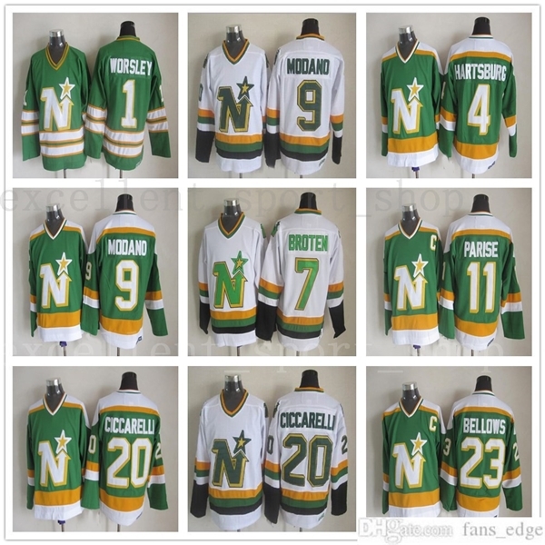 

Vintage Minnesota North Stars Ice Hockey Jerseys 1 Gump Worsley 9 Mike Modano 20 Dino Ciccarelli 11 JP PARISE 4 Craig Hartsburg Jerseys, Black;red