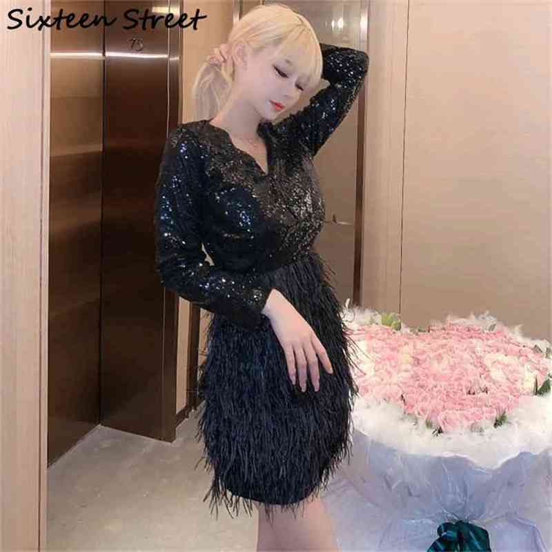 

Autumn V-neck Feather Sequined Embroidery Dress Woman Long-sleeve black patchwork sexy bodycon party dress female 210603