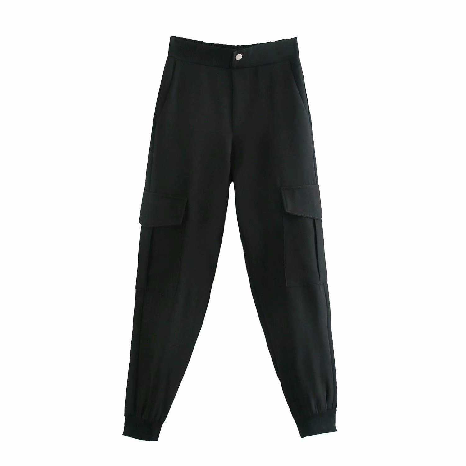 

Spring Black Pocket Casual Trousers Women's Elastic Waist Solid Sweat Pants High Cargo Female 210607