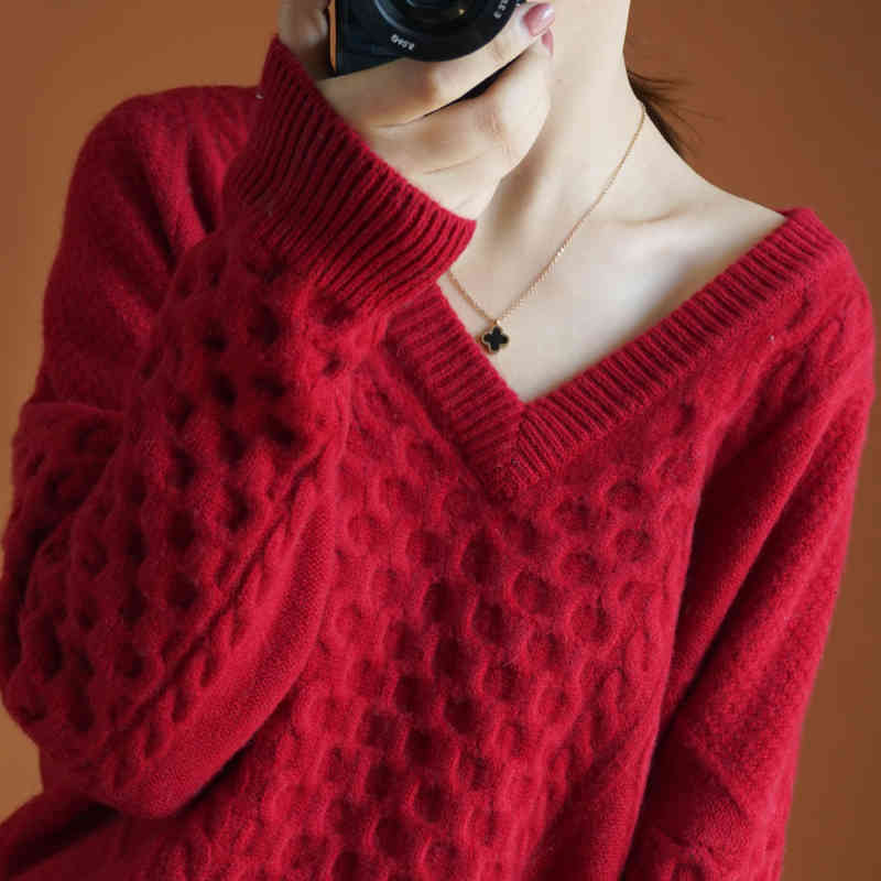

Women's Sweaters High-end autumn winter 100% cashmere and women's low-cut wool loose size large mesh-knit girl's clothes outwear I6A8, 1# shoe box