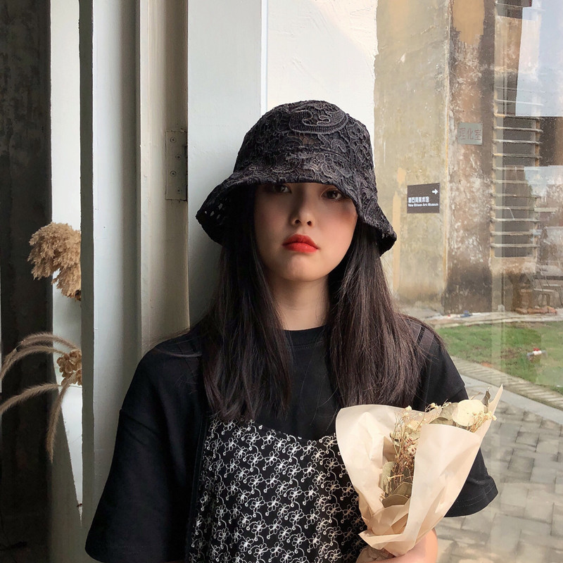 

Lace fairy fisherman's Hat Women's Korean versatile fashion summer thin flower hollow out sun hat sunscreen hat, Black