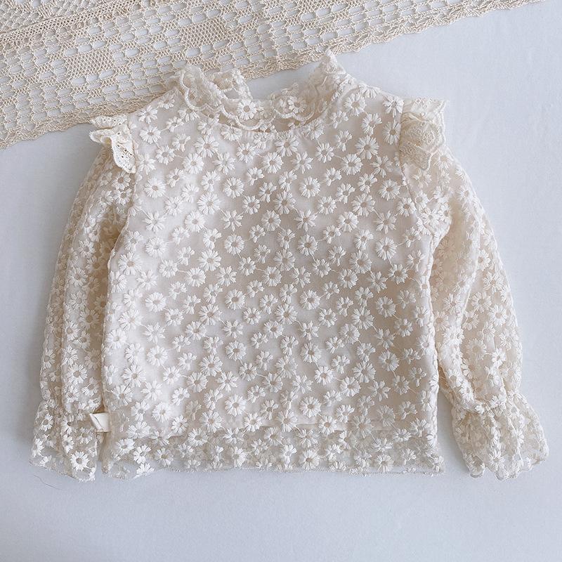 

T-shirts Autumn Children Kids Long Sleeve O Neck Lace Flower Cute T-shirt Girls Princess Party Blouse Tops, Blue