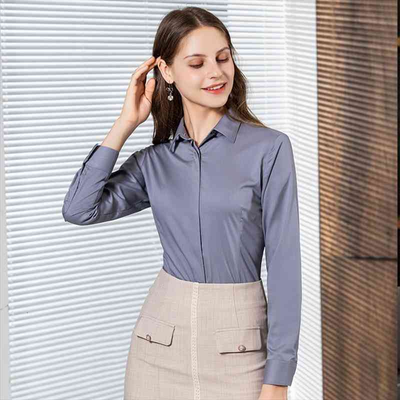 

Soft Smooth Bamboo-fiber Elegant Fashion Blouses Women Hidden Button Placket Office Lady Solid Long Sleeve Blouse Shirts, White