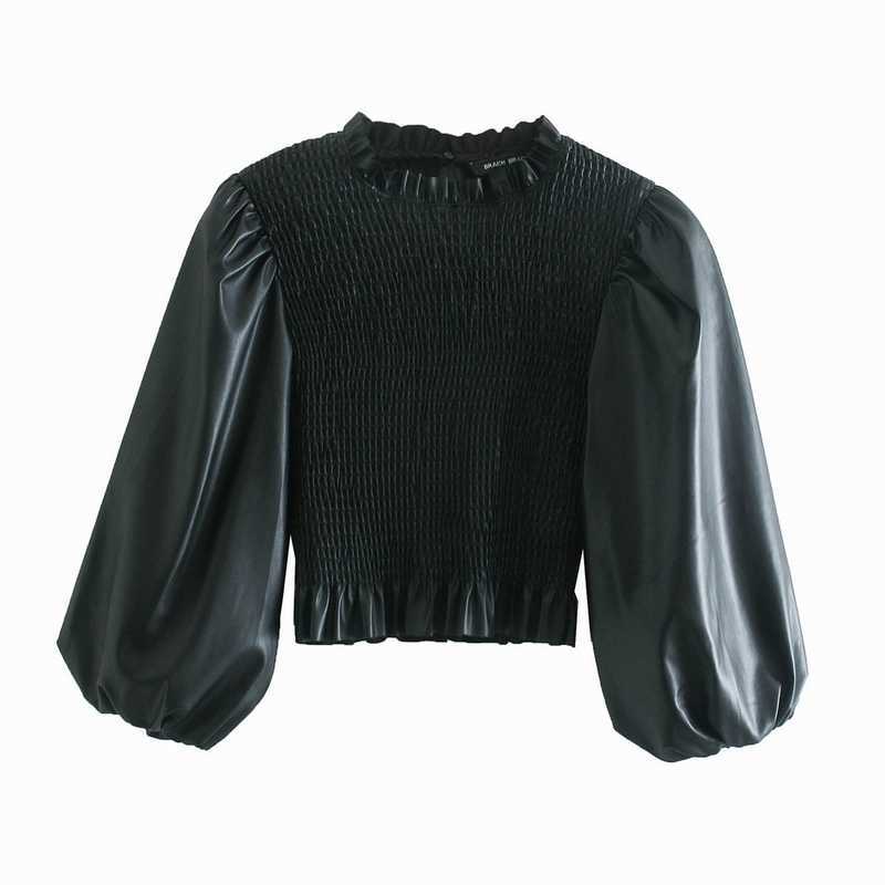 

Women Pu Leather Blouse Top Autumn Fashion Elastic Body Modern Lady Pullover Top 210602, Black