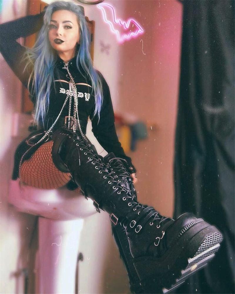 

Boots GIGIFOX 2021 Big Size 43 Gothic Style Black Cosplay Punk Buckles High Heels Thigh Long Women Platform Wedges Shoes