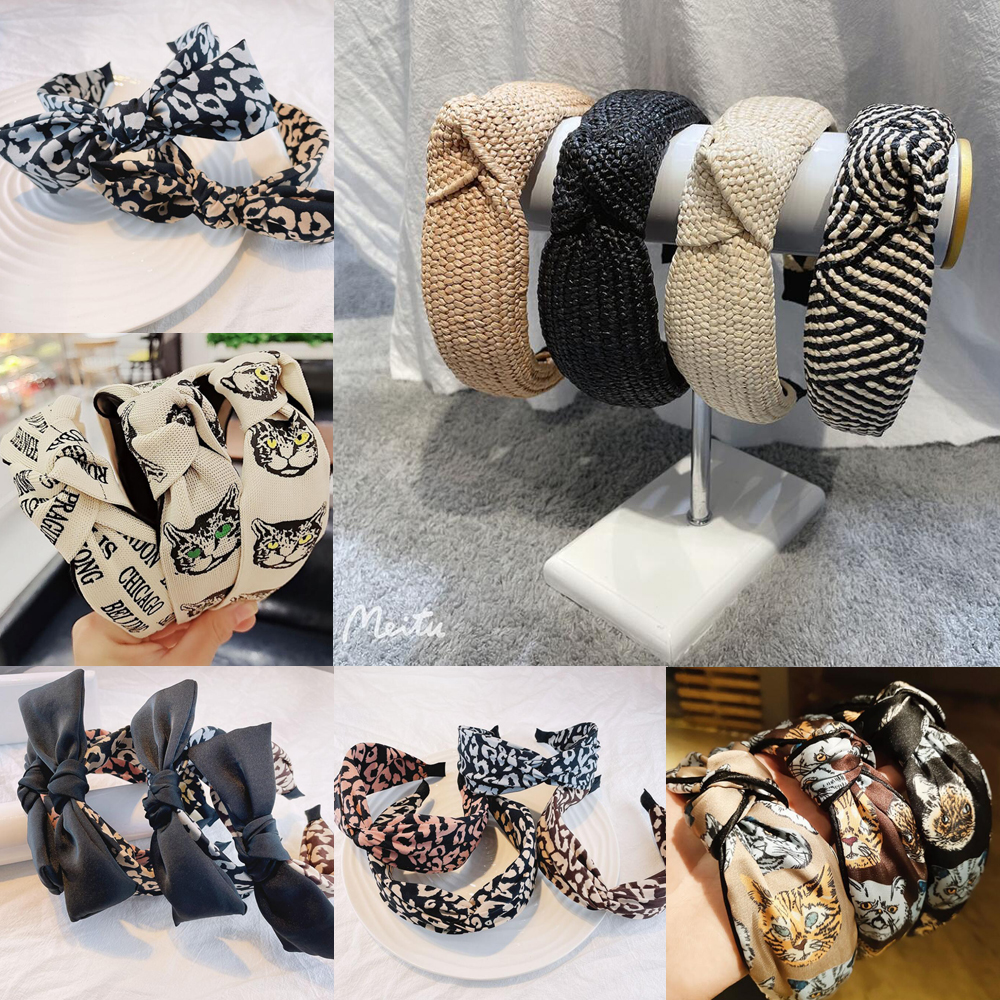 

Fashion Women Cartoon Pattern Letters Bowknot Headband Brand Designer Wide Edge Cross Knotted Leopard Print Hair Hoop Headwarps Accessories