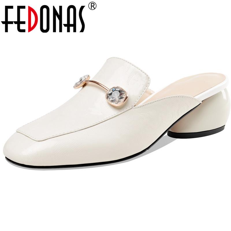 

Round Toe Women Sandals Rhinestone Genuine Leather Thick Heels Mules Shoes 2021 Summer Working Party Woman Dress, Black