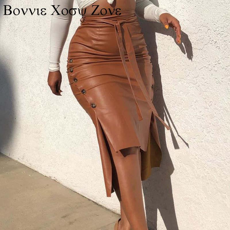 

Women Buttoned Design PU Solid Sheath Fit Chic Midi Skirt Casual Slit Leather Skirts, Black