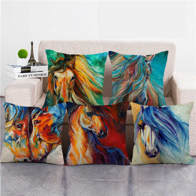 

Watercolor Running Horse Fantasy Animal Linen/Cotton Throw Pillow Covers Couch Cushion Cover Home
