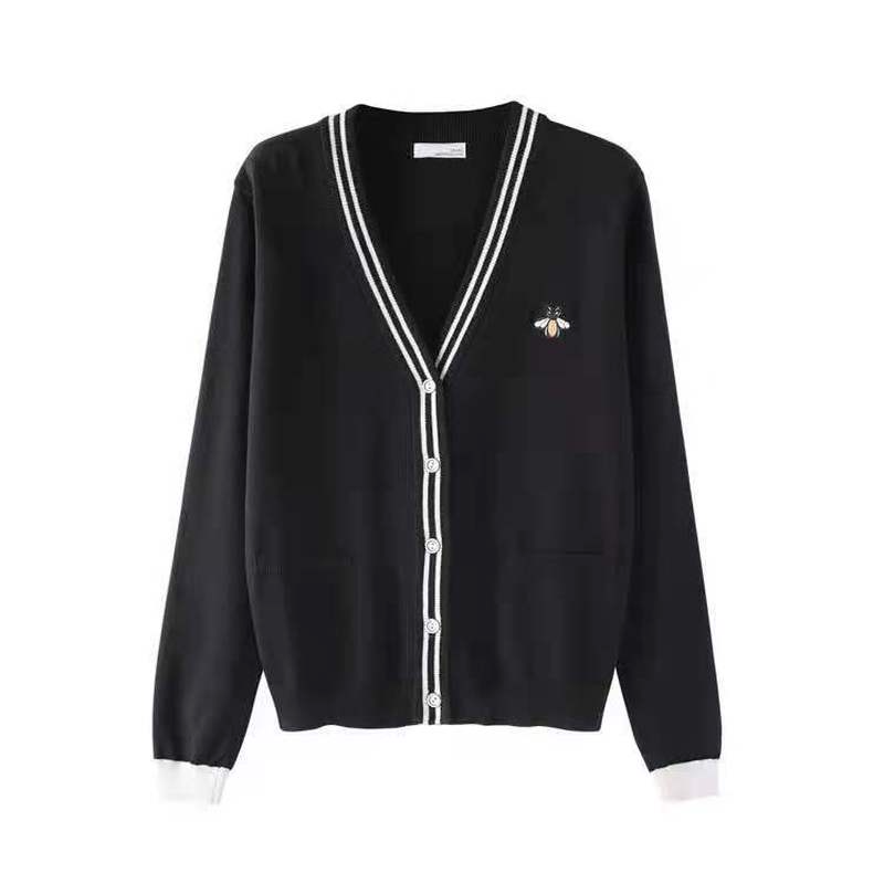 

New autumn and winter embroidery little bee loose long-sleeved knitted cardigan women's all-match college style sweater, Black;brown
