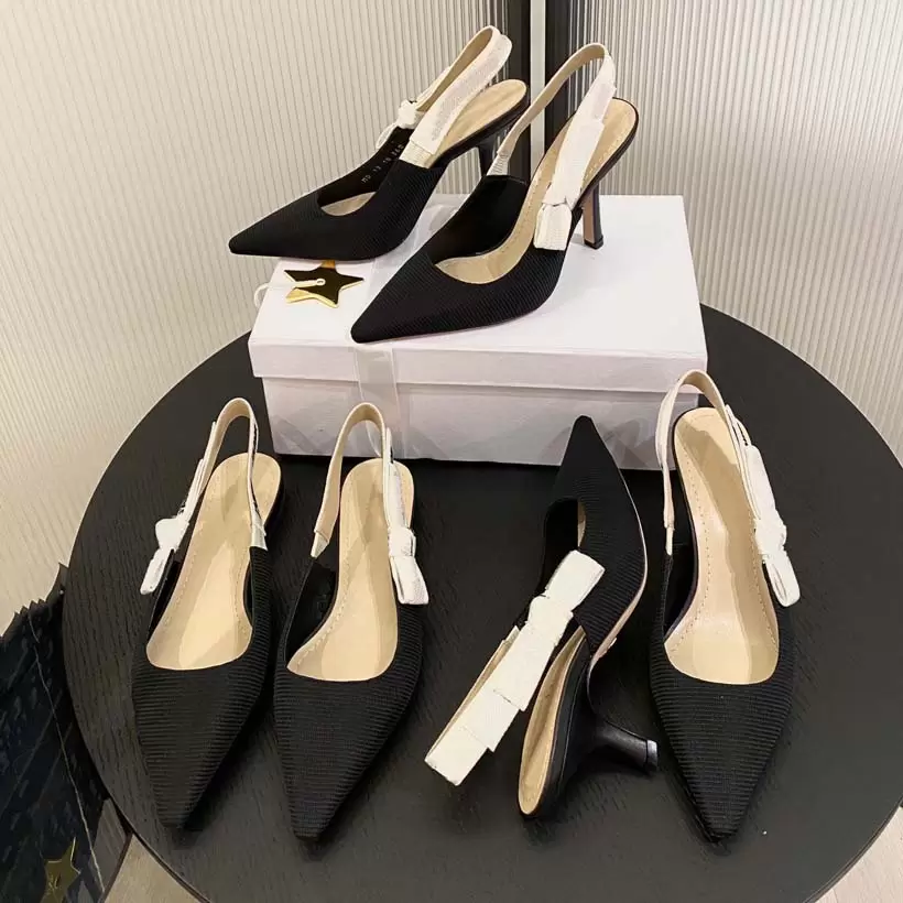 

Classic Designer Heels Women Dress Shoes Embroidered ribbons embellished flat bows sandals logo heel Fabric of science and technology Sandal With Box, #7
