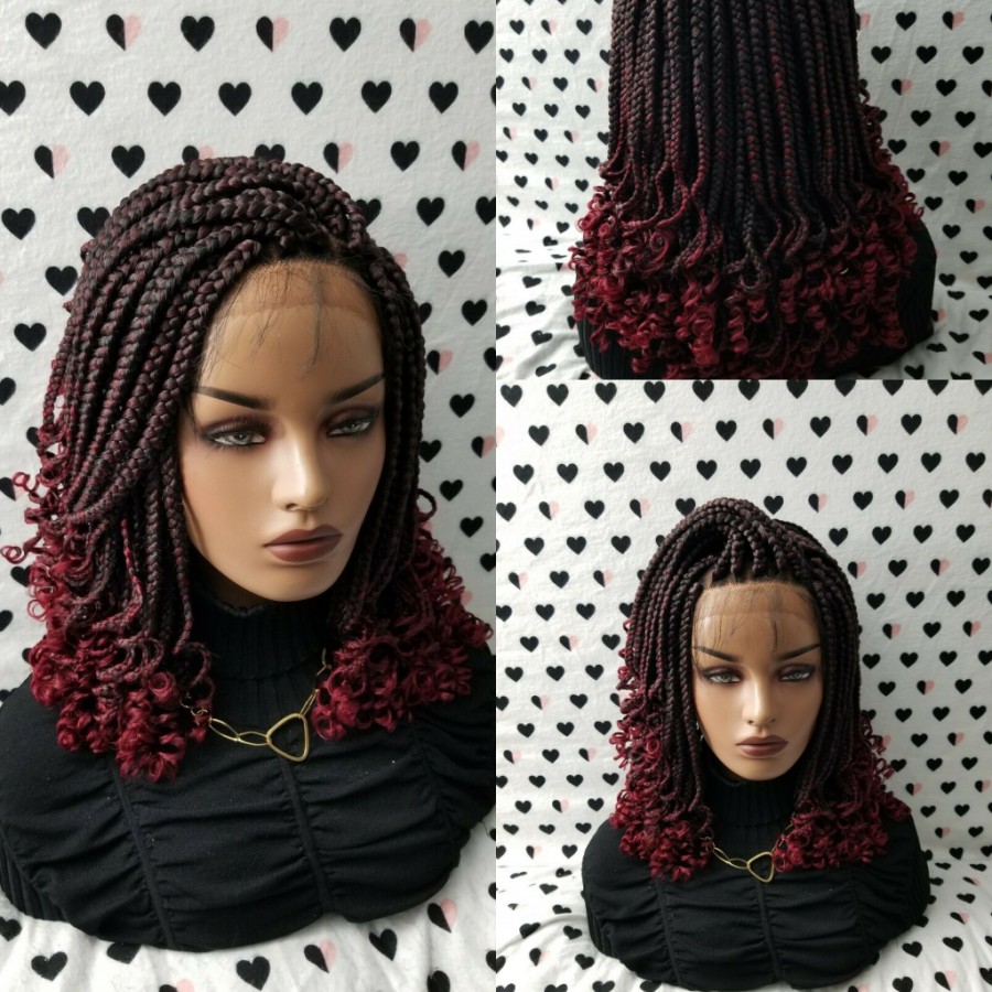 

Handmade 14inch Box Braids Lace Front Wig With Curly Tips 1b/Burgundy Ombre Red Color Short Braiding Hair Synthetic Wigs for Black Women