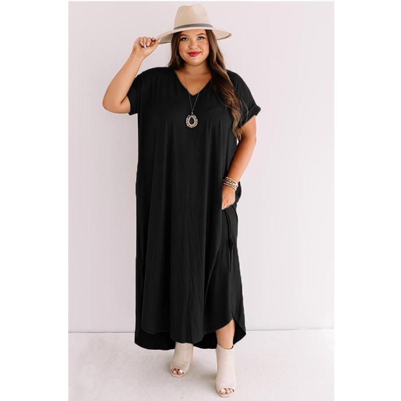 

Plus Size Dresses Ladies Fashion Resort Style Loose Belt Large Sweet Woman Black Lady Casual Dress Short-sleeved Side Slit Long