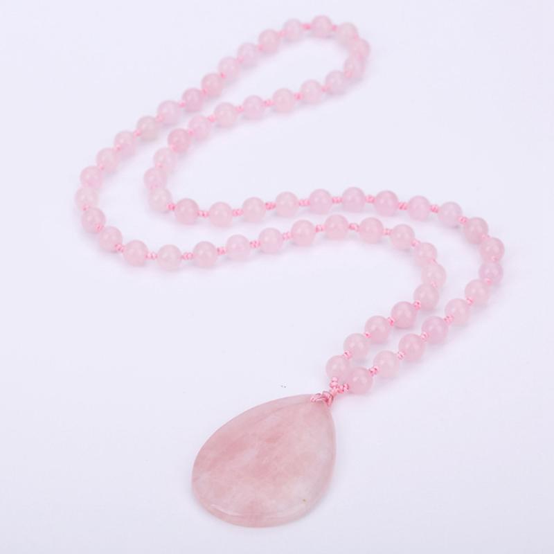 Pendant Necklaces FYJS Unique Handmade Weave Water Drop Natural Rose Pink Quartz 8 Mm Round Beads Chain Necklace Black Agates Jewelry-image-708489244