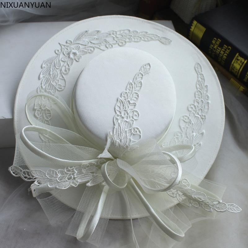 

Headpieces Satin Lace White Bridal Dress Hat French Retro British Ladies Banquet Elegant Bow Tie Headwear Wedding Accessorie