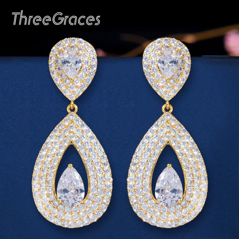 

Dangle & Chandelier ThreeGraces Elegant Yellow Gold Cubic Zirconia Big Water Drop Bridal Earrings Wedding Jewelry For Bride Brincos Grandes, Silver