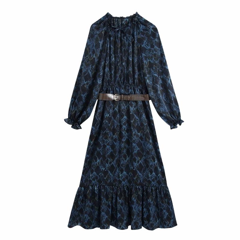

Spring Women Vintage Print Chiffon Sashes Midi Dress Female Lantern Sleeve Clothes Casual Lady Loose Vestido D7073 Dresses, As pic