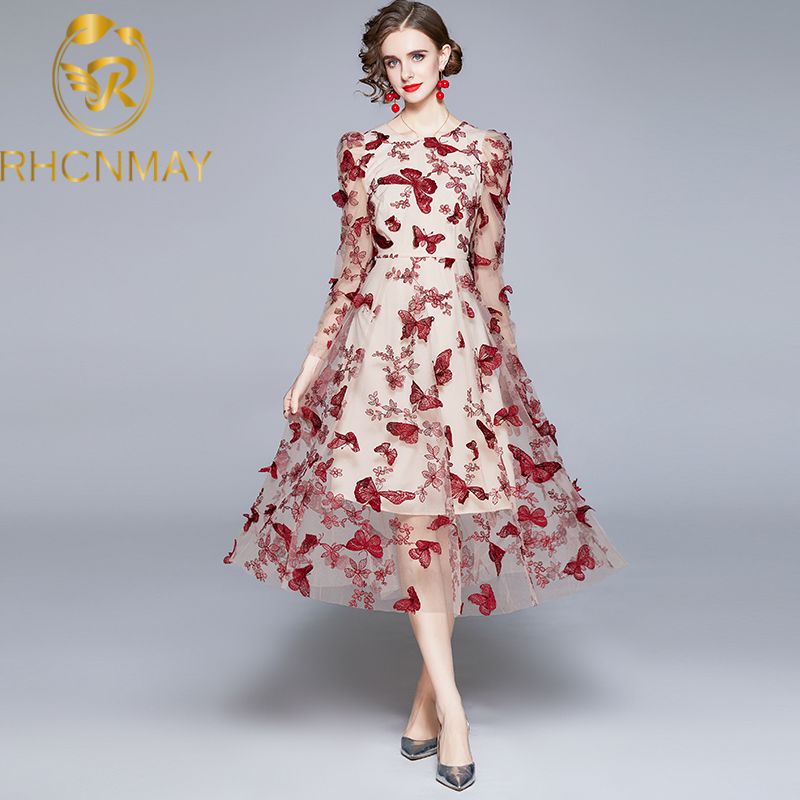 

runway luxury elegant midi dress a-line party dress hollow out lace embroidery dresses women 2021 summer long sleeve vintageswimwear bathing, Black;gray