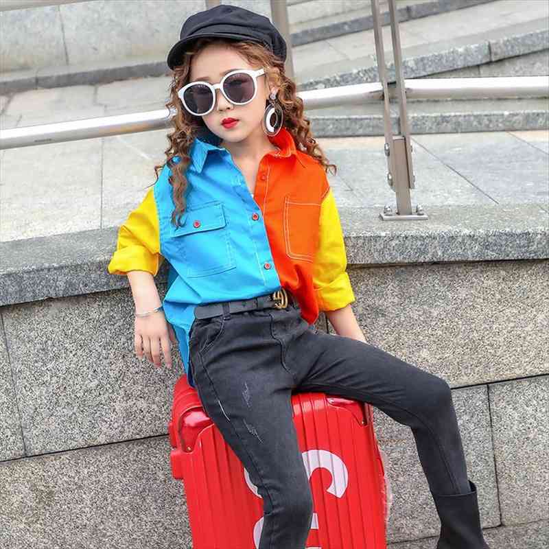 

Fashion Color Matching Unisex Active Shirts Sring And Autumn Full Turn-down Collar Patchwork Childrend Clothing Kids Clothes, White;black