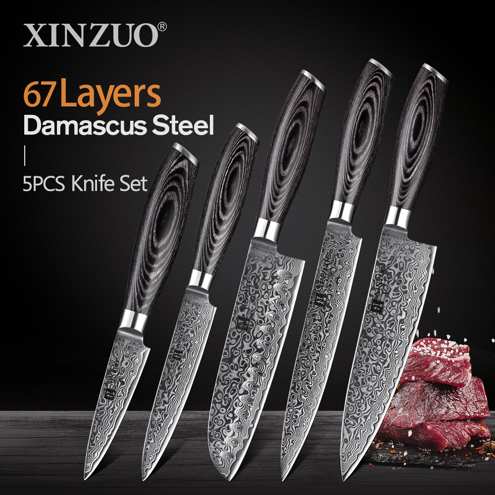 

XINZUO 1pcs/5pcs Kitchen Knives Set 67ayer VG10 Japan Damascus Stee Chef Ceaver Santoku Utiity Paring Knife Pakkawood Hande