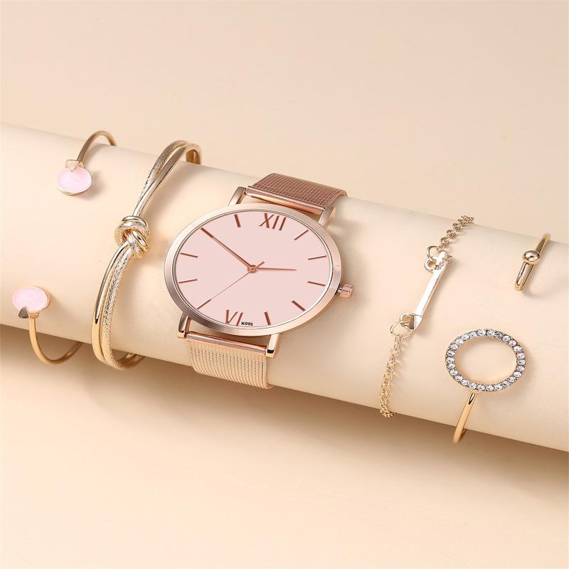 

Wristwatches Luxury Quartz Watch For Women Stainless Steel Mesh Golden Color Strap Mechanical Clock With 4pcs Retro Bracelet Ladies, Gold