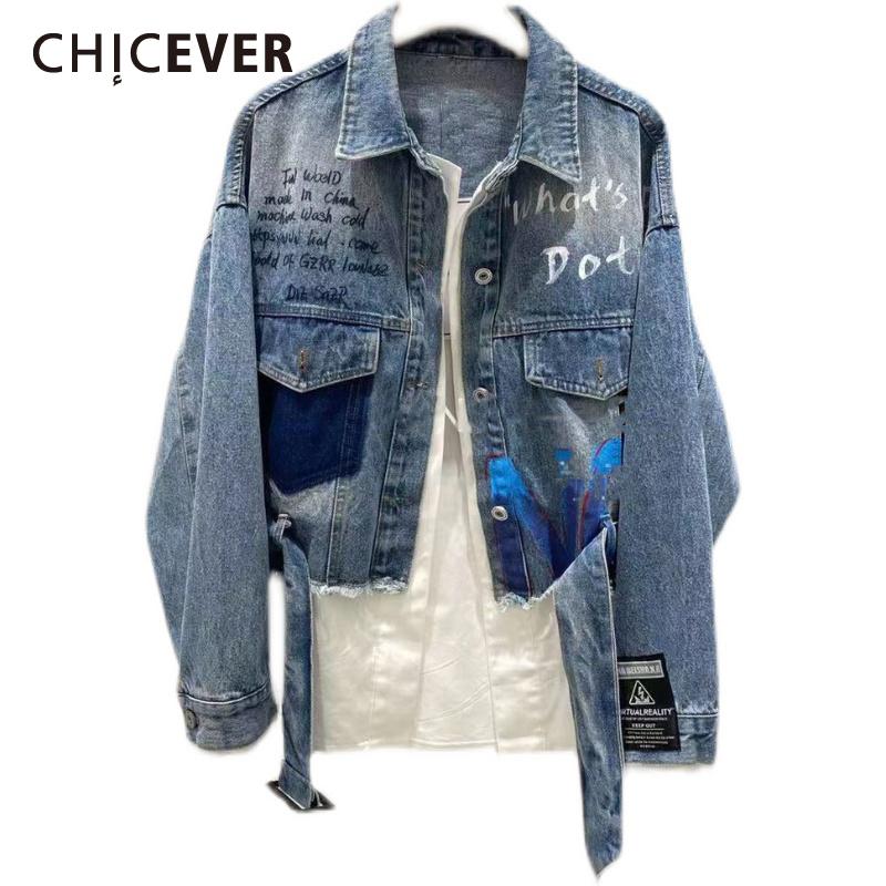 

Women's Jackets CHICEVER Letter Graphic Colorblock Fake Two Autumn Coat Lapel Long Sleeve Patchwork Loose Denim Jacket Female 2021 Style, Black;brown