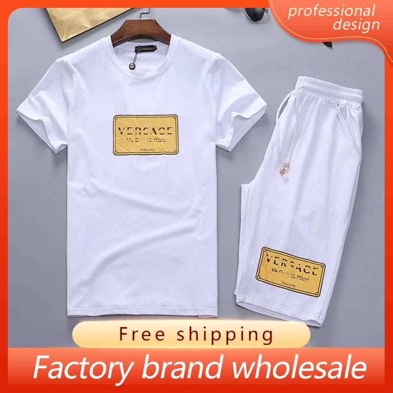 

men's sports and leisure suit 2021 summer new short-sleeved t-shirt tide brand men's two-piece suit of shirt+short pants no pillin, Gray
