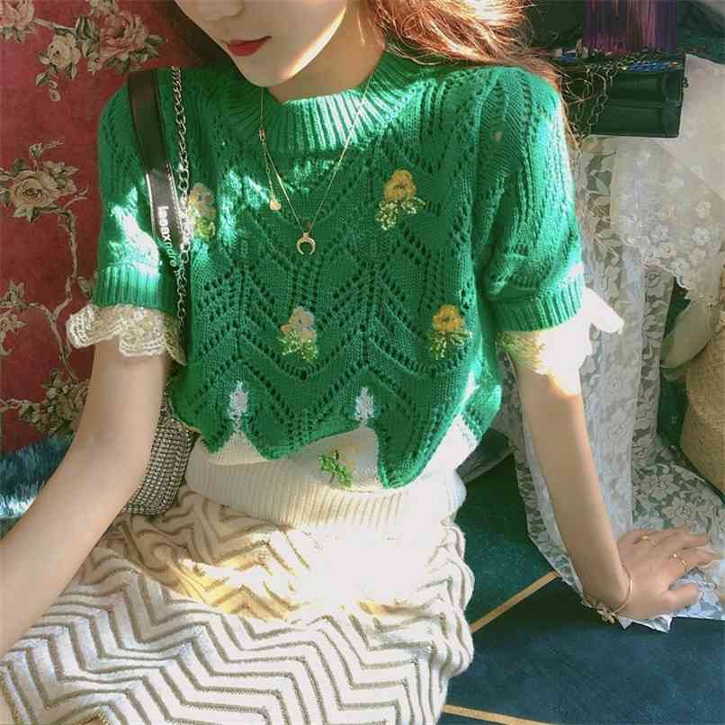 

Thin green sweater lace embroidery summer style Korean fashion short-sleeved knitted top women's clothing 210520, Image color