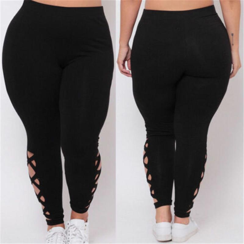 

Women's Leggings 2021 Black Hollow Out Plus Size Spandex Curvy Solid Soft Legging