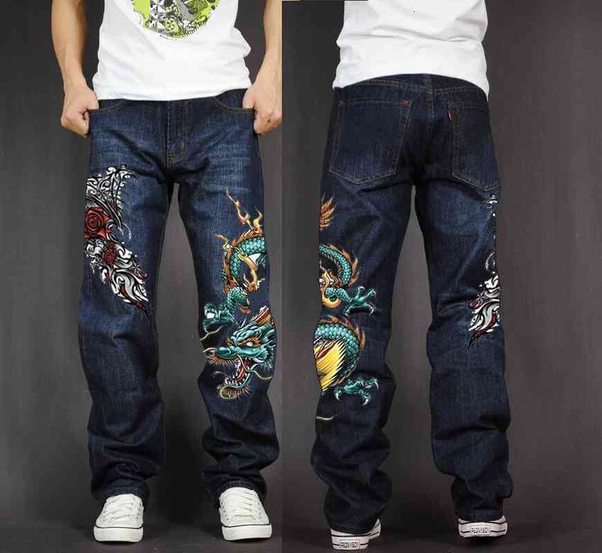 

Men's Long Pants Baggy Loose Fit Jeans Rap Hip Hop Skate Denim Print Straight Stretch Casual Trousers Rose Green Dragon, Blue