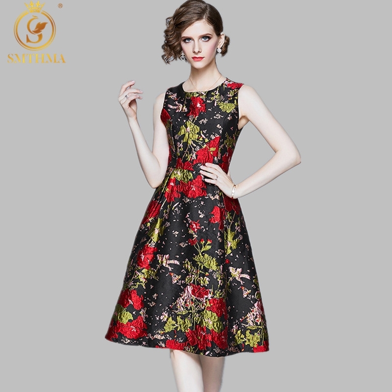 

Fashion Designer Summer Dress Women's Sleeveless Gorgeous Elegant Floral Jacquard Vintage Dresses Vestidos 210520, Photo color