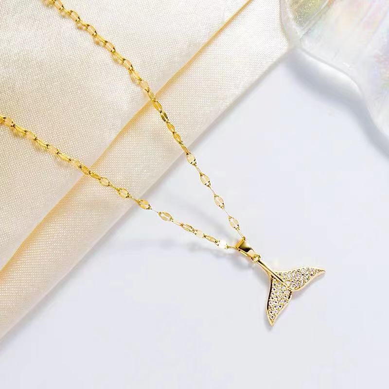 

Pendant Necklaces Korean Style Simple Mermaid Tail Full Diamond Micro-Inlaid Fashion Temperament Clavicle Chain Titanium Steel 2021 New Factory Direct Supply