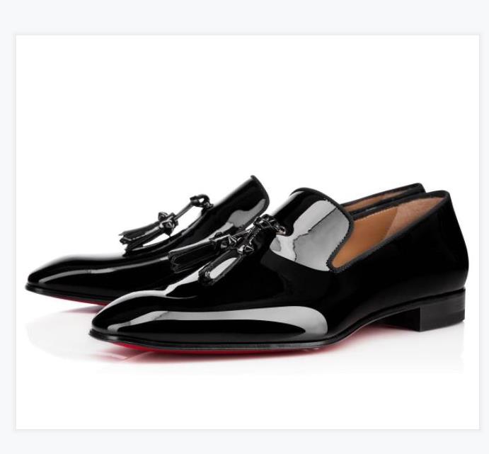 

Brand Red Bottom Loafers Luxury Party Wedding Shoes Designer BLACK PATENT LEATHER Suede Dress Shoes For Mens Slip On Flats shoe C2, 01