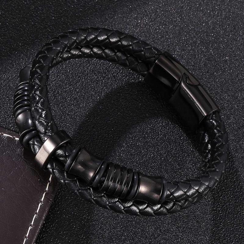 

Charm Bracelets Fashion Men Black Leather Bangles Bileklik Pulseiras Stainless Steel Clasp Male Wrist Band Jewelry Gifts