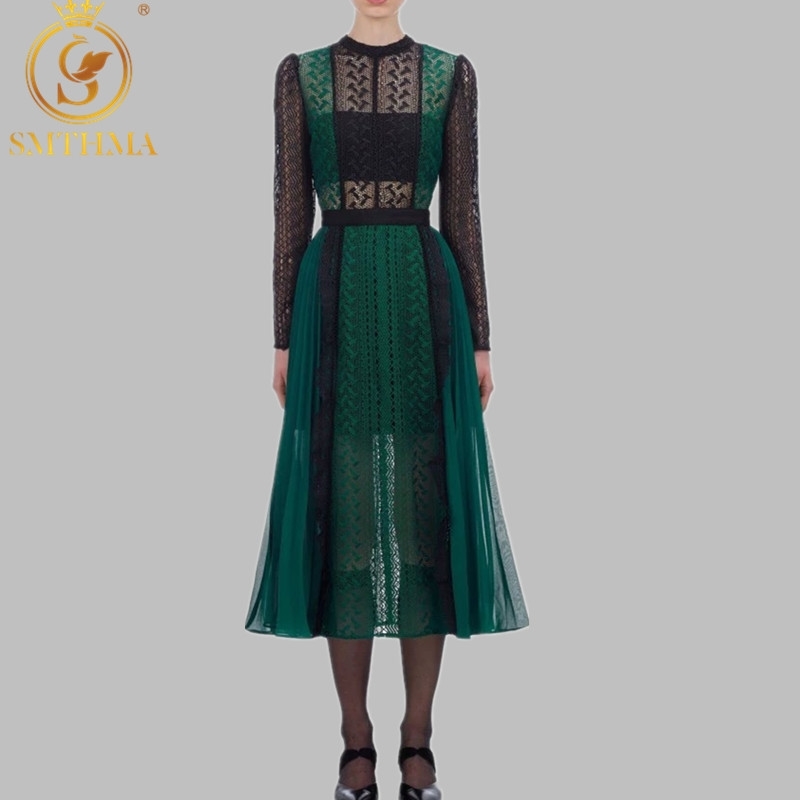 

High Quality Luxury Design Runway Dress Autumn Arrive Green color pleated Lace Midi vestidos 210520, Photo color