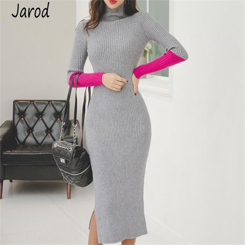 

Autumn winter Sexy Party Patchwork Hit Color Dress Women Knitted Sweater Slim Turtleneck Bodycon sheath Vestidos 210519, Picture color