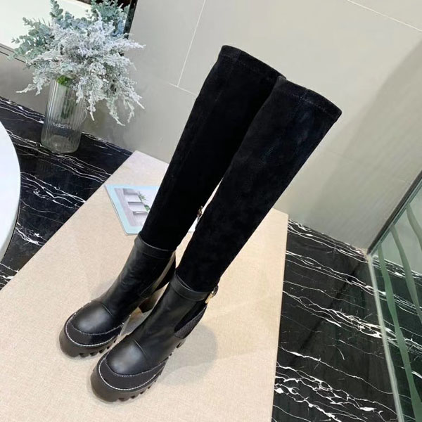 

Women G Letter Canvas Over-the-knee Boot Designer Lady Leather Trim Rubber Sole Thigh-High Boots, Red