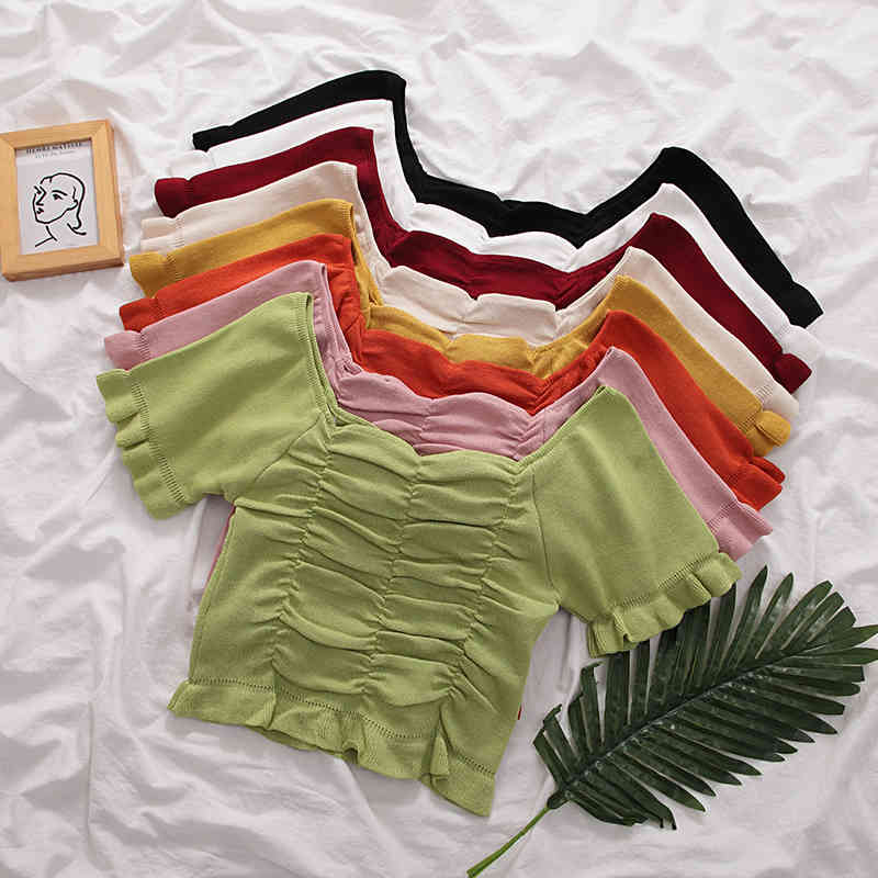 

T-shirts Women Off Shoulder Pleated Tees Solid Cotton Short Sleeve Tee Summer Cottons T-Shirts Womem 210518, Yellow