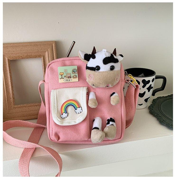 

Cute Cow Doll Shoulder Bag Female Small Canvas Fashion Cross Body Casual Handbag Simple Zipper Purse Coin