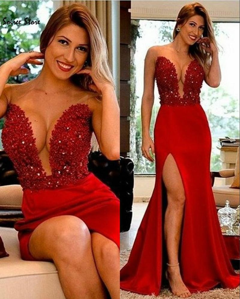 

Party Dresses Graceful Red Mermaid Prom With High Slits Deep V Neck Beaded Full Length Long Evening Dress Zipper Elegant Gowns, Beige