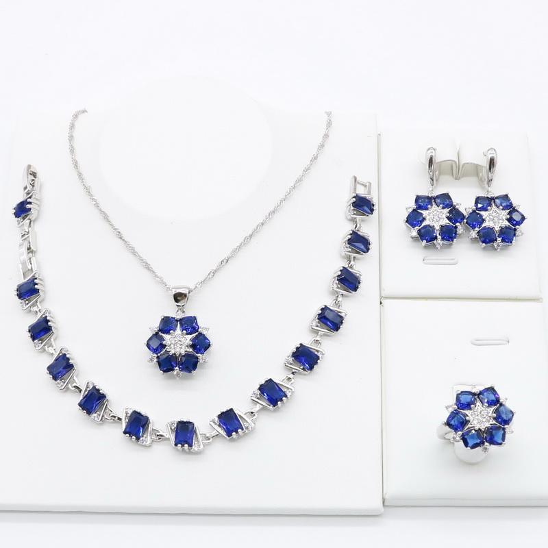 

Wedding Jewelry Sets 925 Silver Dark Blue Semi-precious For Women Necklace Pendant Bracelet Ring Earrings Birthday, Slivery;golden