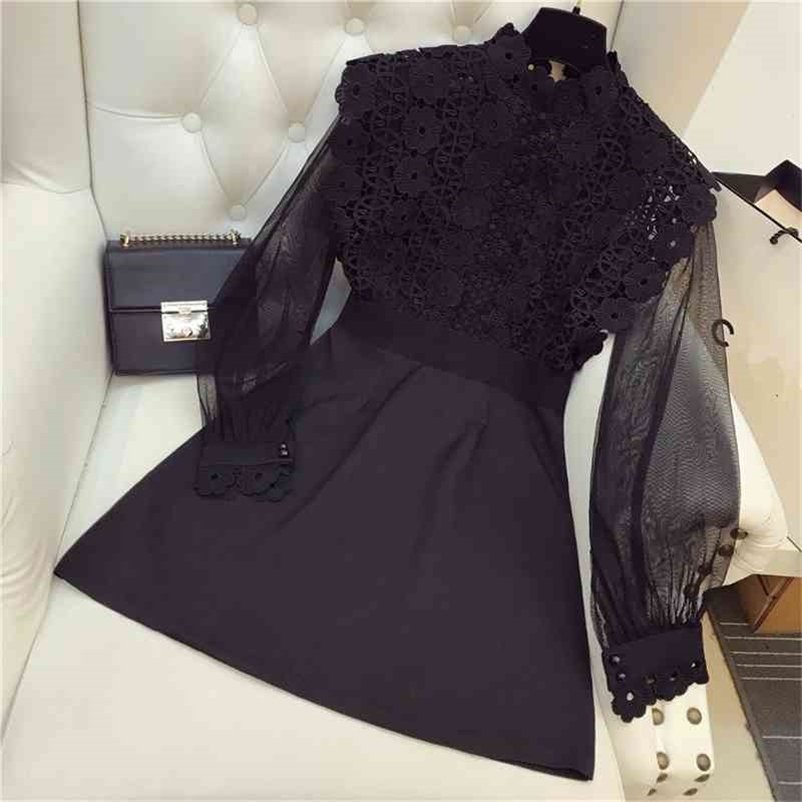 

Spring Autumn Hollow Out Lace Sexy Design Slim Party Dress Female Dresses A041 210519, Black