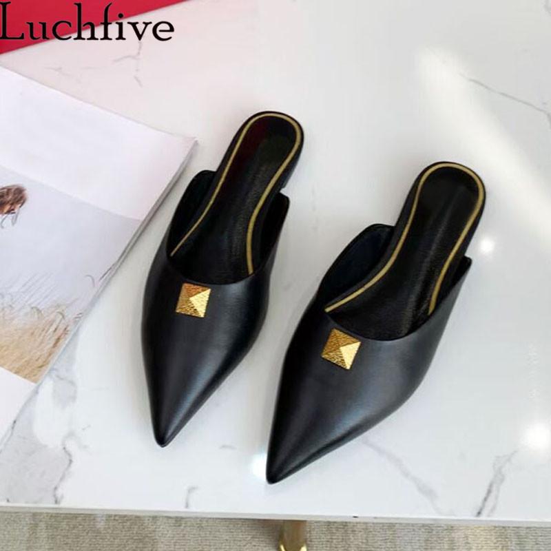 

Pink Flower Leather Slippers Appliqued Sequined Dress Mules Flat Heel Pointed Toe Bridal Shoes Summer Women, Black