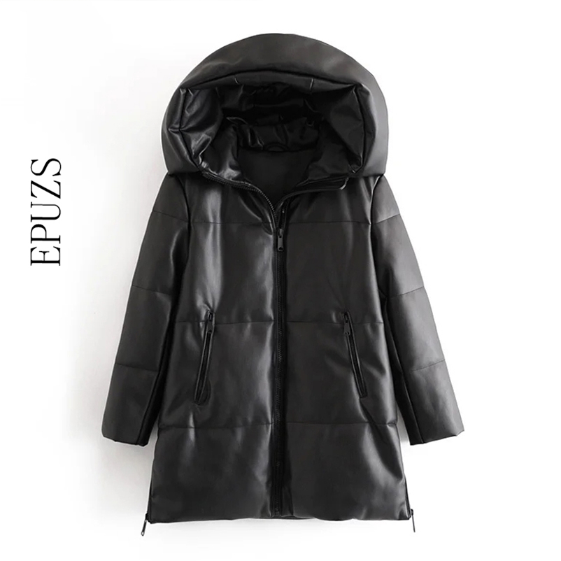 

Winter Hooded Padded PU parka women Faux leather down jacket female loose zipper overcoat casual warm long coats 210521, Black