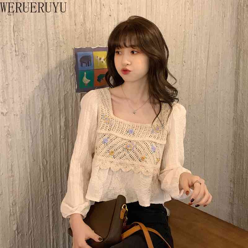 

WERUERUYU Chic Embroidery Lace Blouse Women Tops Summer Cutout Vintage French Square collar Causal White Shirt Women 210608, Photo color