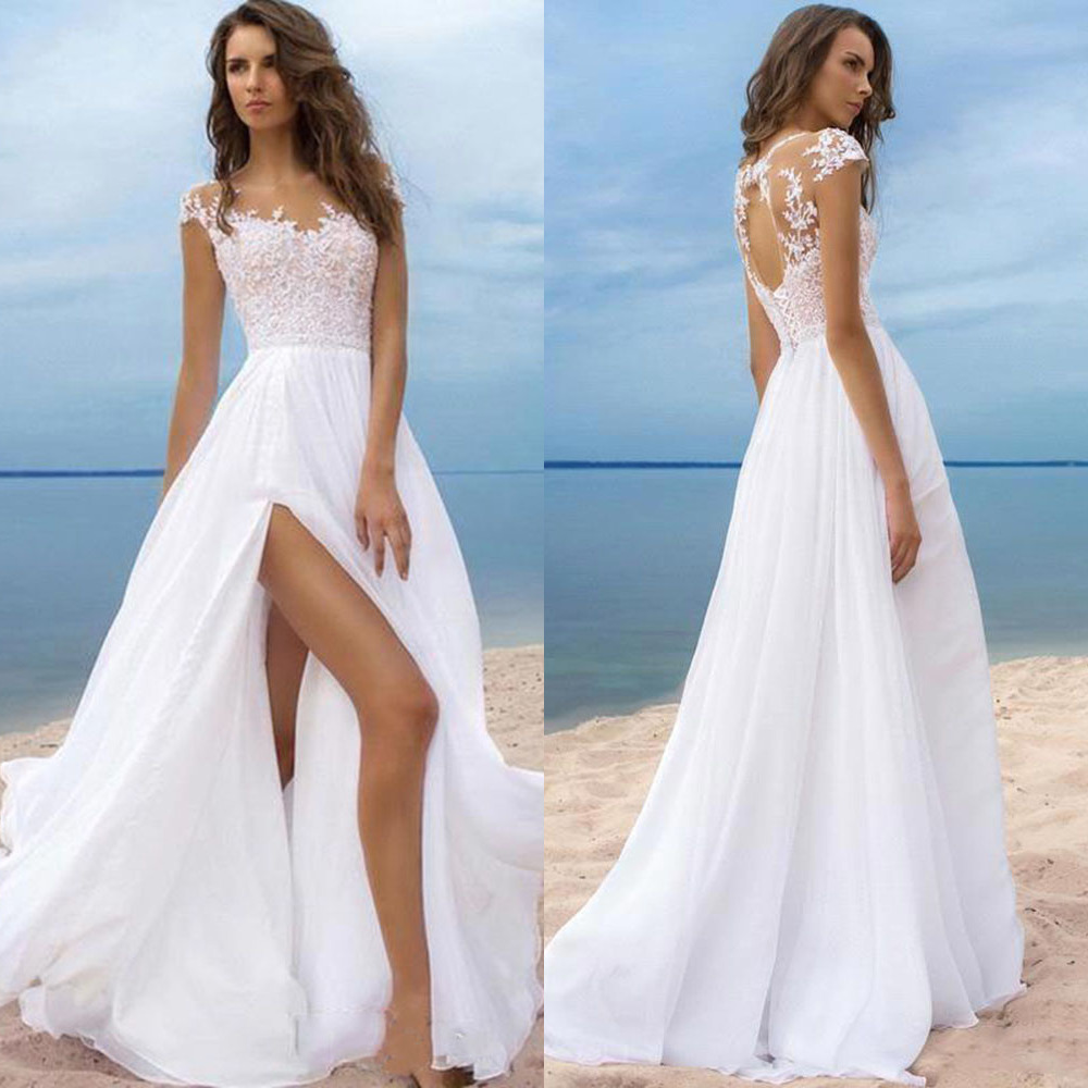 

2021 Sexy Beach Wedding Dress Floor-Length A-line White Chiffon Bridal Gown Slit Front Lace-Up Back Vestido De Novia Casamento