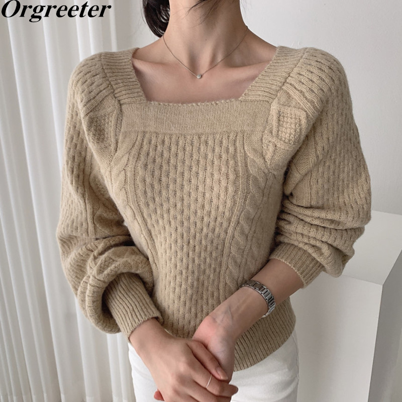 

Fall Winter Korean Chic Temperament Square collar Twist Sweater Fashionable Puff sleeve Sexy Loose 210525, Khaki