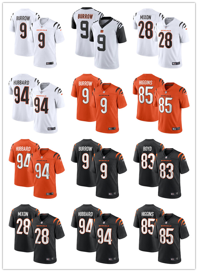 

2021 Men Women Youth Cincinnati Bengals 9 Joe Burrow 28 Joe Mixon 83 Tyler Boyd 85 Tee Higgins 94 Sam Hubbard Football Jerseys, Black;red